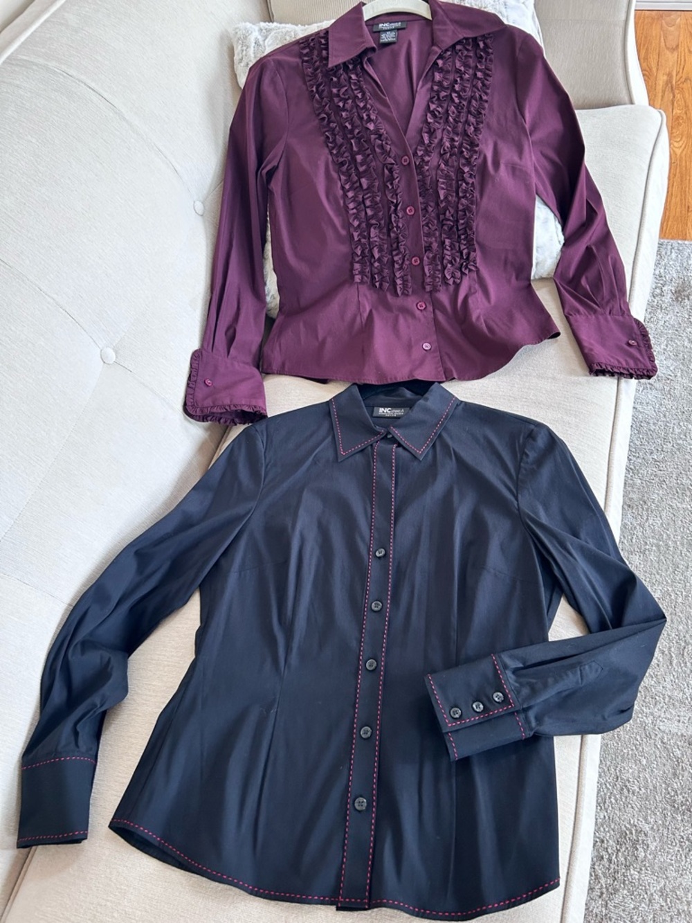 INC Black Button-Front Shirt with Black Stitching & Ruffle Maroon Button Down
